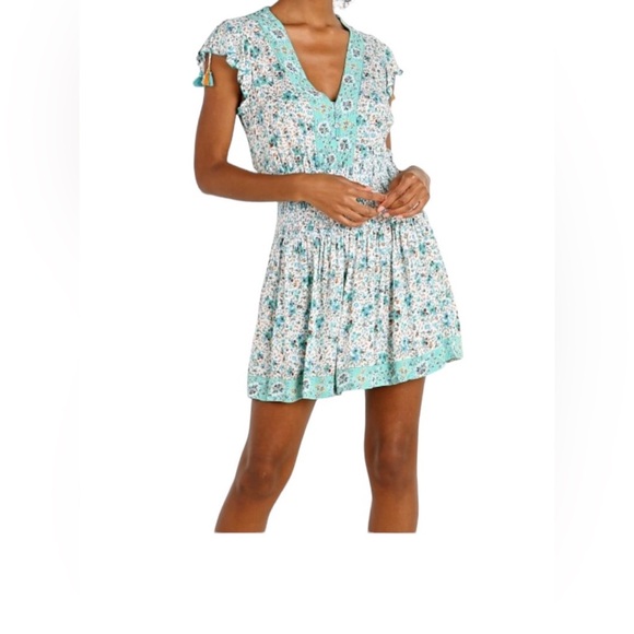 Poupette St. Barth Rachel Floral Flutter Sleeve Tassel Tie Shoulder Mini Dress - Picture 1 of 8